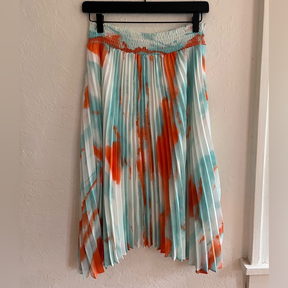 Kora Pleated Flowy Midi Skirt - Spring Watercolor Tie-Dye Print, Smocked Waist